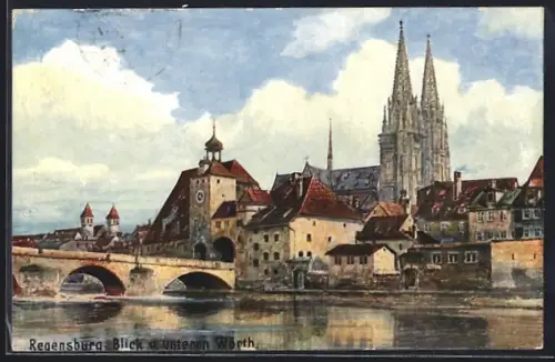 Künstler-AK Regensburg, Blick vom unteren Wöhrth