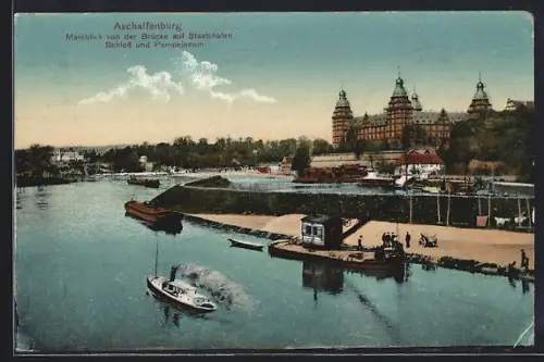 AK Aschaffenburg, Mainblick von der Brücke auf Staatshafen, Schloss und Pompejanum