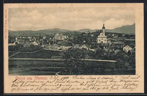 AK Murnau / Staffelsee, Ortsansicht mit Kirche und Bergen