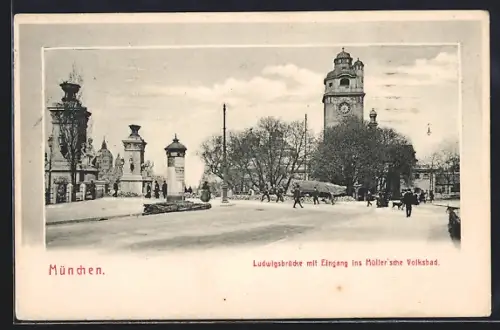 AK München, Ludwigsbrücke, Eingang Müller`sches Volksbad