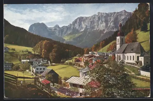 AK Ramsau / Berchtesgaden, Dorfansicht mit Kirche und Alpenpanorama