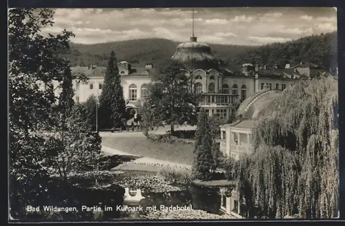 AK Bad Wildungen, Partie im Kurpark mit Badehotel