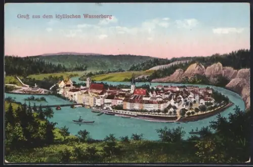 Künstler-AK Wasserburg / Inn, Gesamtansicht des Ortes