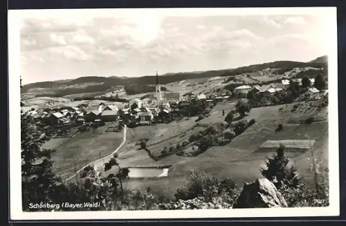 AK Schönberg /Bayer. Wald, Ortsansicht, Kirche, Landschaft
