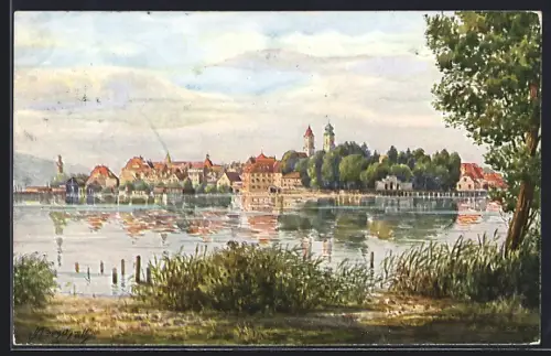 Künstler-AK Lindau im Bodensee, Stadtansicht vom Ufer aus