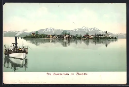 AK Fraueninsel im Chiemsee, Gesamtansicht mit Dampfer