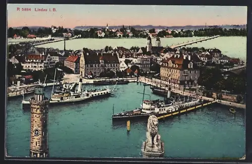 AK Lindau i. B., Hafen mit Löwenstatue