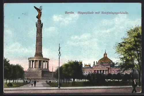 AK Berlin-Tiergarten, Siegessäule mit Reichstagsgebäude