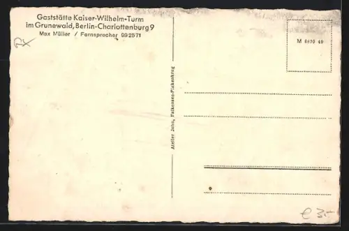 AK Berlin-Grunewald, Kaiser-Wilhelm-Turm, Gaststätte
