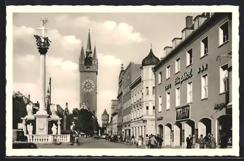 AK Straubing an der Donau, Cafe-Bar Capitol, Theresienplatz, Stadtturm, Mariensäule