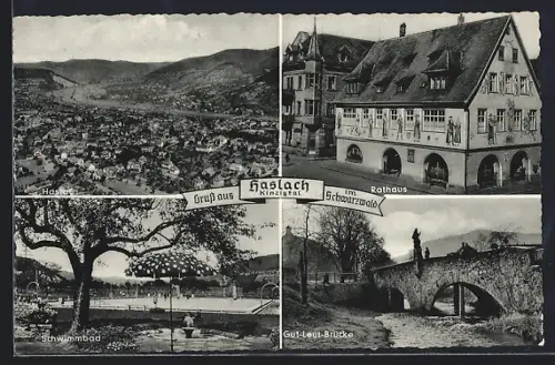 AK Haslach /Kinzigtal, Rathaus, Schwimmbad, Gut-Leut-Brücke