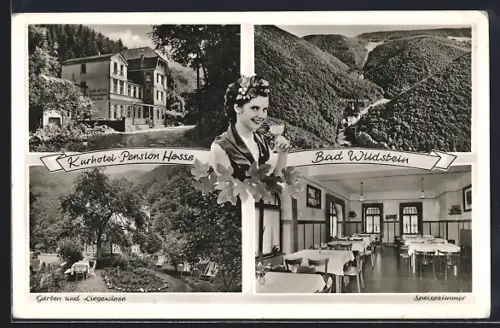 AK Bad Wildstein / Trarbach, Kurhotel Pension Hesse, Garten und Liegewiese, Speisezimmer