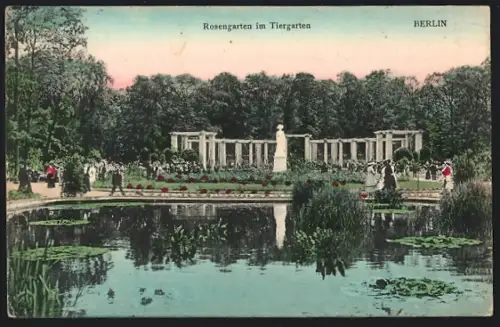 AK Berlin, Rosengarten im Tiergarten, Teich, Säulen, Statue