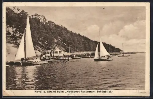 AK Berlin-Wannsee, Havel u. Strand und Hausboot-Restaurant Schönblick, Bes. A. Merkel