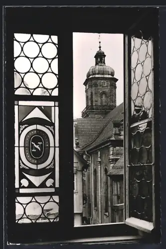 AK Aalen /Württ., Blick durchs Napoleonfenster zur ev. Stadtkirche