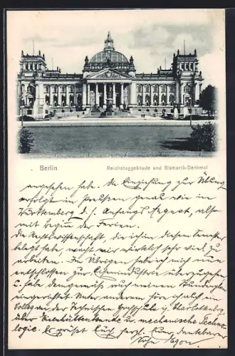 AK Berlin, Reichstagsgebäude und Bismarck-Denkmal