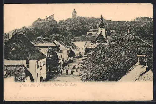 AK Klam bei Grein, Ortspartie mit Kirche und Ruine