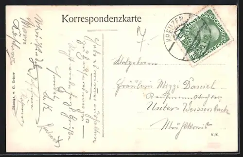 AK Kreuzen /Ob.-Ö., Ortspartie mit Kirche