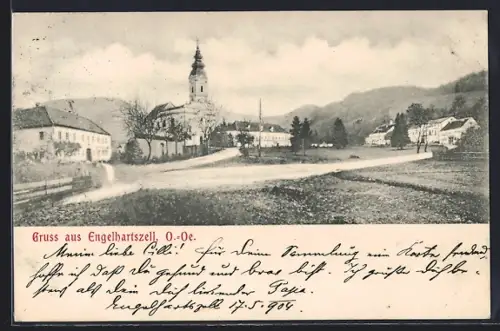 AK Engelhartszell, Strassenpartie mit Kirche