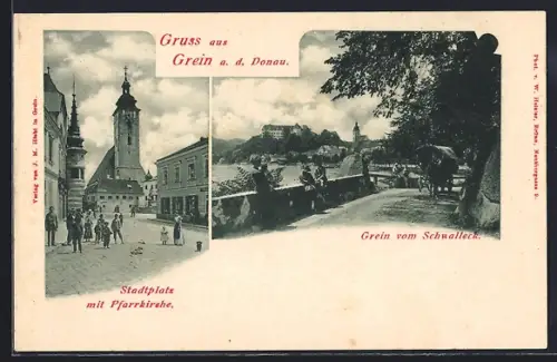 AK Grein, Stadtplatz mit Pfarrkirche, Ortsansicht vom Schwalleck