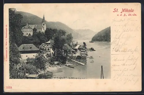 AK St. Nikola a. d. D., Ortspartie mit Kirche und Donau aus der Vogelschau