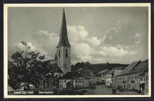 AK Zwettl /Ob.-Oest., Marktplatz mit Kirche