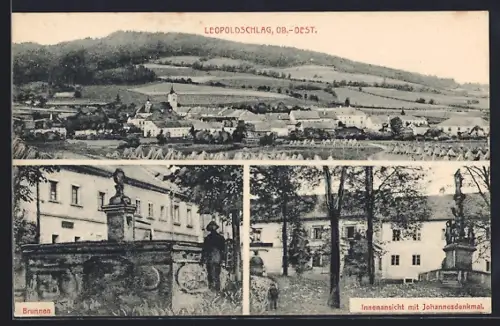 AK Leopoldschlag, Totalansicht, Innenansicht mit Johannesdenkmal