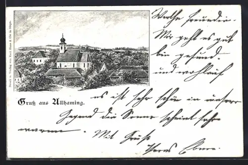 Künstler-AK Allhaming, Ortsansicht mit Kirche