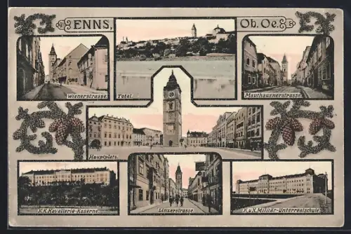 AK Enns, K. K. Kavallerie-Kaserne, Linzerstrasse, Hauptplatz