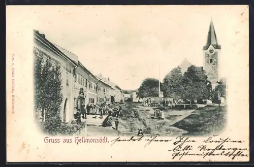 AK Hellmonsödt, Strassenpartie mit Rathaus
