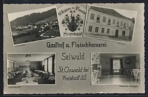 AK St. Oswald bei Freistadt, Gasthof u. Fleischhauerei Seiwald, Speisesaal, Seiwald-Stübchen