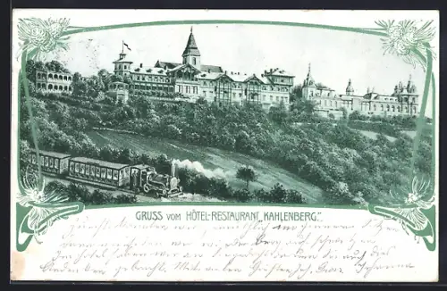 Lithographie Wien, Bergbahn und Hotel-Restaurant Kahlenberg