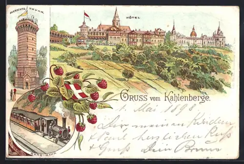 Lithographie Kahlenberg, Hotel, Aussichts-Turm, Bergbahn