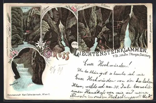 Lithographie St. Johann im Pongau, Wasserfall und Partien der Lechtensteinklammen