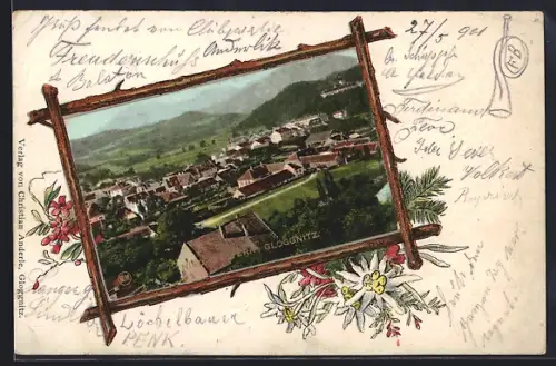AK Gloggnitz /Nied.-Oesterr., Teilansicht, Alpenblumen, Passepartout