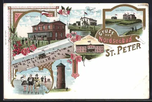 Lithographie St. Peter / Peter-Ording, Hotel Germania, Strand-Hotel, Wattenläufer
