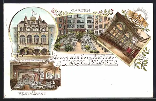 Lithographie Berlin-Kreuzberg, Restaurant Mess-Palast, Saal, Aussen- u. Innenansichten, Alexandrinenstrasse 110
