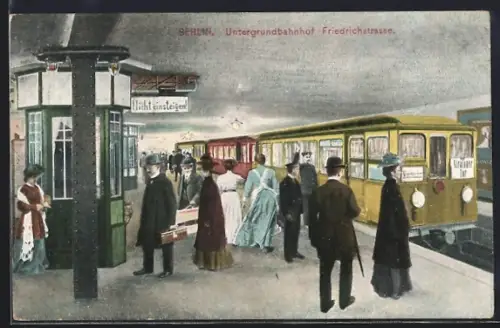 Künstler-AK Berlin, U-Bahnhof Friedrichstrasse mit Fahrgästen auf dem Bahnsteig