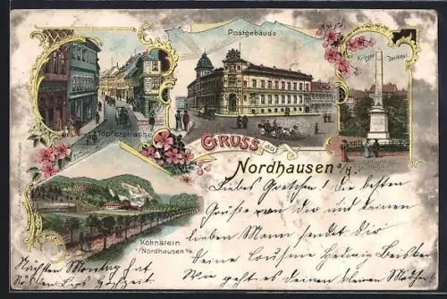 Lithographie Nordhausen a. H., Postgebäude, Töpferstrasse, Kriegerdenkmal