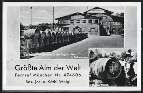 AK Deisenhofen /München, Gasthaus-Brauerei Kugler-Alm J. u. K. Weigl mit Festhalle und Bierfässsern, Kuglers Nachf.