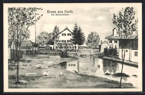 Künstler-AK sign. Hans Pernat: Furth bei Deisenhofen, Uferpartie mit Enten