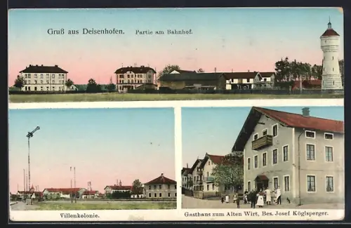AK Deisenhofen / Oberhaching, Bahnhof, Gasthaus zum Alten Wirt, Bes. Josef Köglsperger, Wasserturm, Villenkolonie