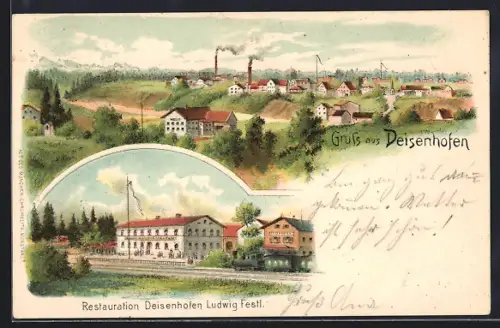 Lithographie Deisenhofen / Oberhaching, Restauration v. Ludwig Festl, Ortsansicht