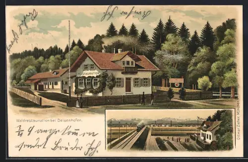 Lithographie Deisenhofen / Oberhaching, Partie am Waldrestaurant und Panorma vom Restaurant aus
