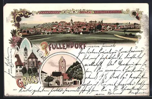 Lithographie Pfullendorf, Kath. Pfarrkirche, Oberes Thor, Ortsansicht