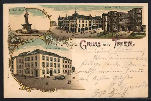 Lithographie Trier, Porta Nigra, Hotel Anker, Balduinsbrunnen