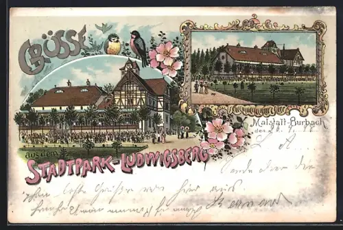 Lithographie Malstatt-Burbach, Stadtpark Ludwigsberg mit Spazergängern