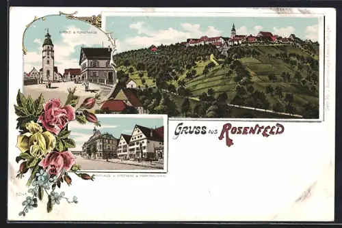 Lithographie Rosenfeld / Württ., Rathaus mit Apotheke und Marktbrunnen, Kirche und Forsthaus, Totalansicht
