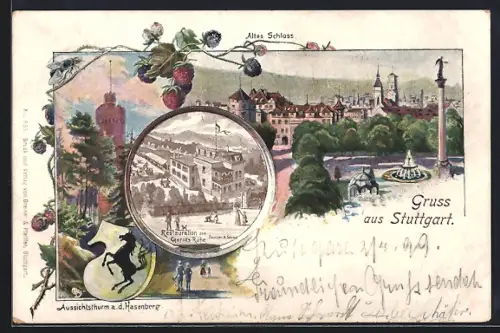 Lithographie Stuttgart, Restauration zur Geroks-Ruhe, Bes. A. Schmid, Altes Schloss