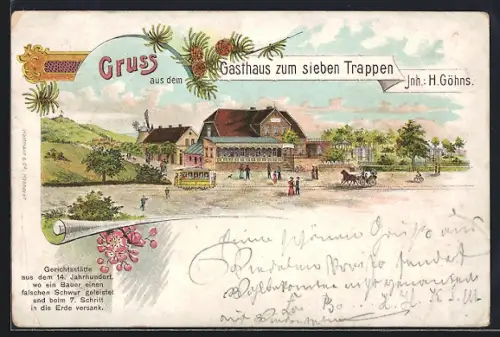 Lithographie Benthe, Gasthaus zum sieben Trappen mit Strassenbahn, Kutsche und Menschen